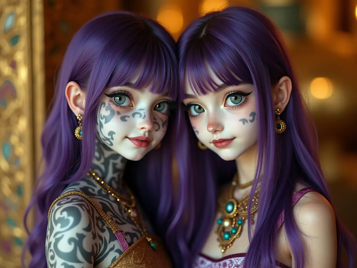 Two young black and white pattern girls with alien face, with purple hair, with a slight smile on their faces, highlighting their smiles, modern retro jewelry, in a temple with much gold of various shades 4k