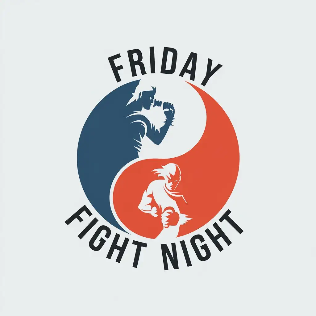 A logo for a gaming event called friday fight night. It's a fighting game event, so keep it minimalistic and retro. Use colors blue and red  and two fighters silhouettes opposing each other in a yin-yang presentation