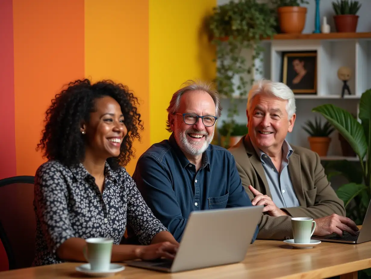 In a vibrant studio, a trendy influencer and a wise senior share smiles and wisdom on their podcast.