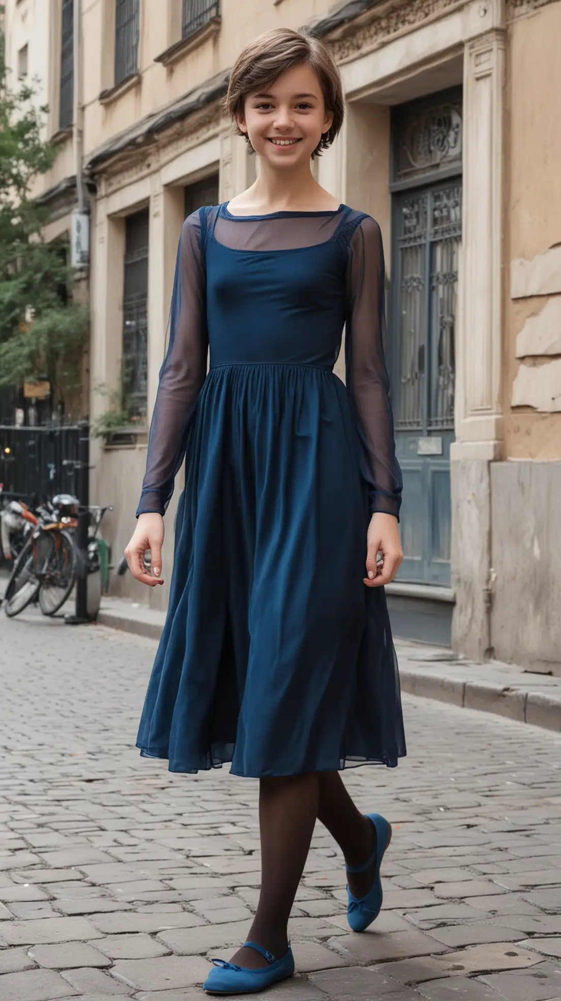 Teen-Boy-in-Blue-Long-Dress-and-Ballet-Flats-Walking-in-the-City