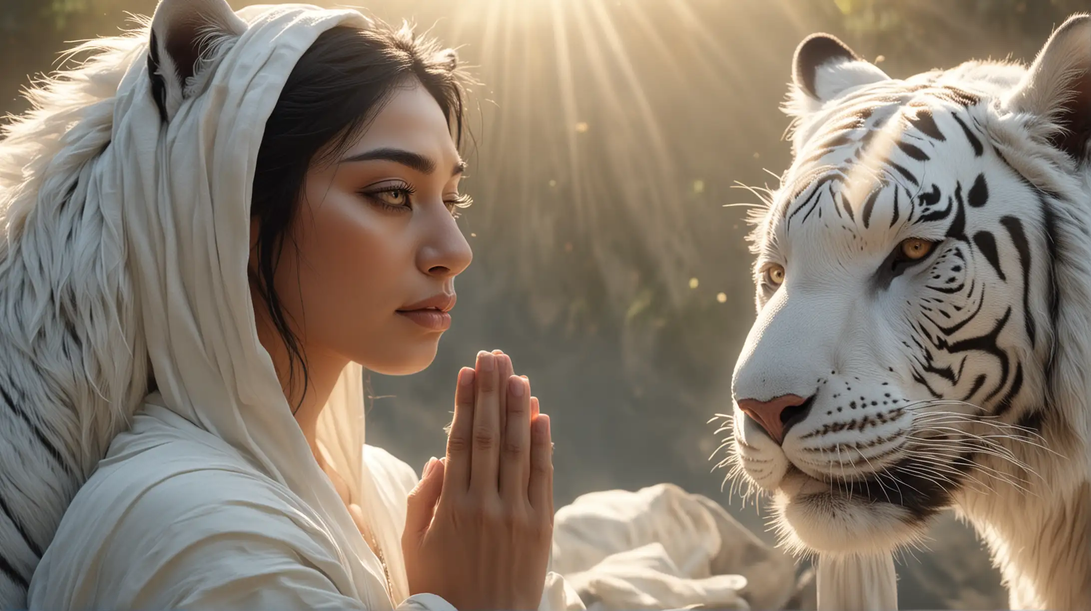 Fantasy Woman with White Tiger Face Praying Under Sunlight