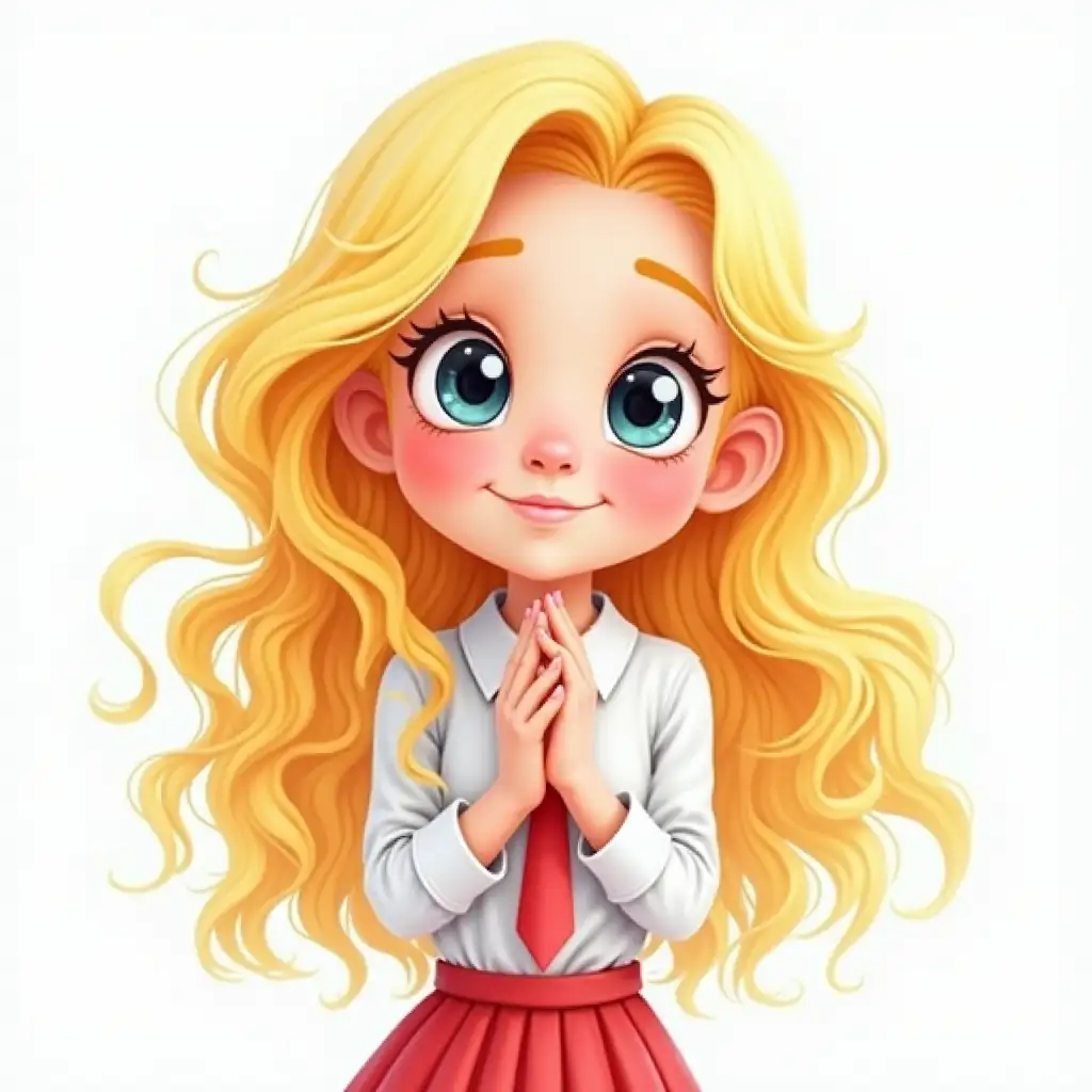 Cartoon style illustration of a cute European young girl with long wavy blonde hair and big expressive eyes. The girl poses with interlocked hands and is wearing a white shirt and red tie. The overall style is colourful and whimsical. Bright colours. Watercolour 3D.