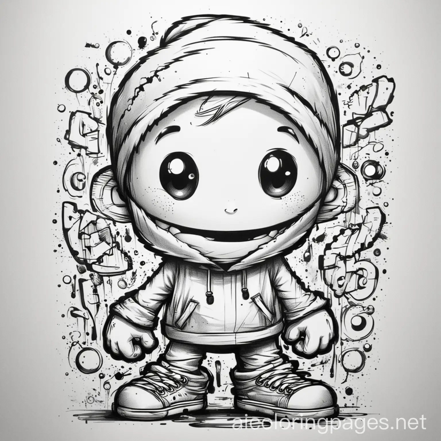 Graffiti character art, Coloring Page, black and white, line art, white background, Simplicity, Ample White Space. The background of the coloring page is plain white to make it easy for young children to color within the lines. The outlines of all the subjects are easy to distinguish, making it simple for kids to color without too much difficulty