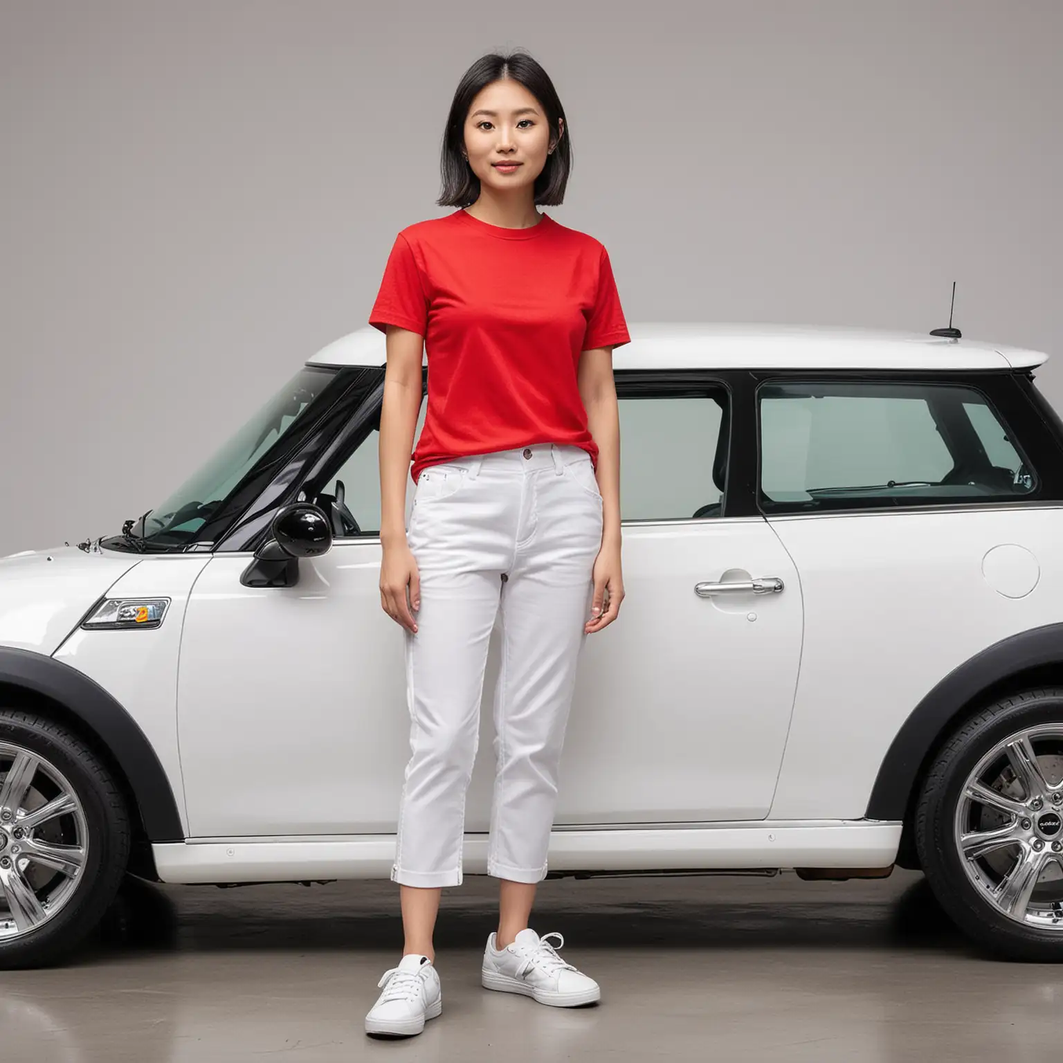 An Asian woman wearing a plain red t-shirt and white pants, along with shoes, stands in front of a glossy white mini cooper, background full white