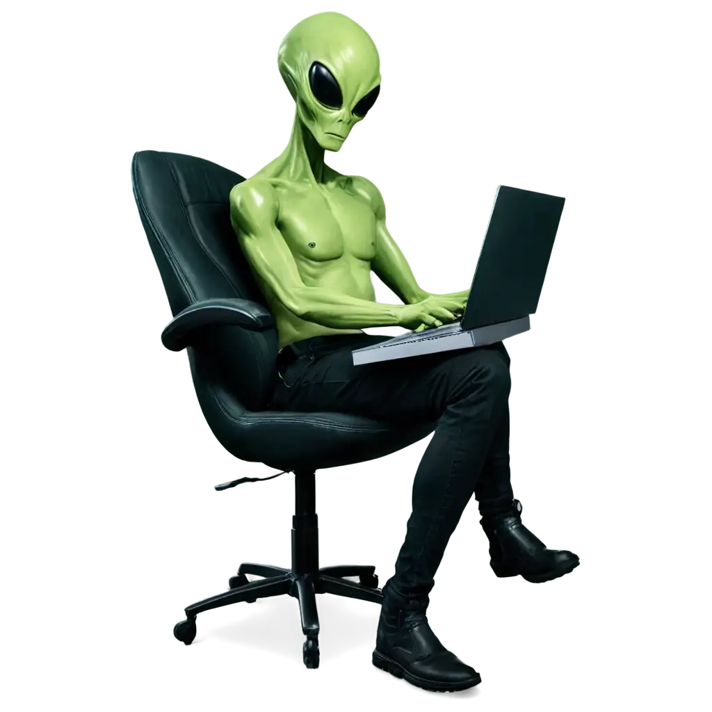 PNG-Image-of-an-Alien-in-a-Green-and-Black-Gaming-Chair-with-a-Laptop-Having-an-Idea