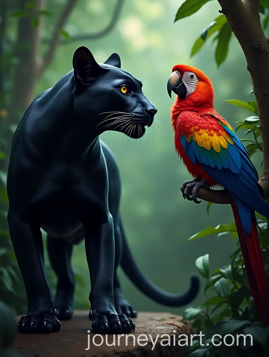 Panther-and-Parrot-Facing-Each-Other-in-a-Lush-Rainforest