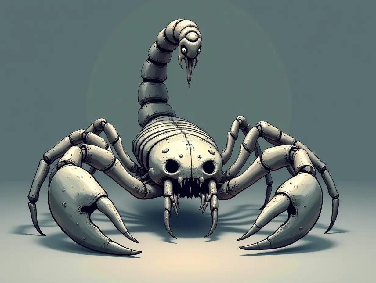 cartoon, grey skeleton scorpion, front view