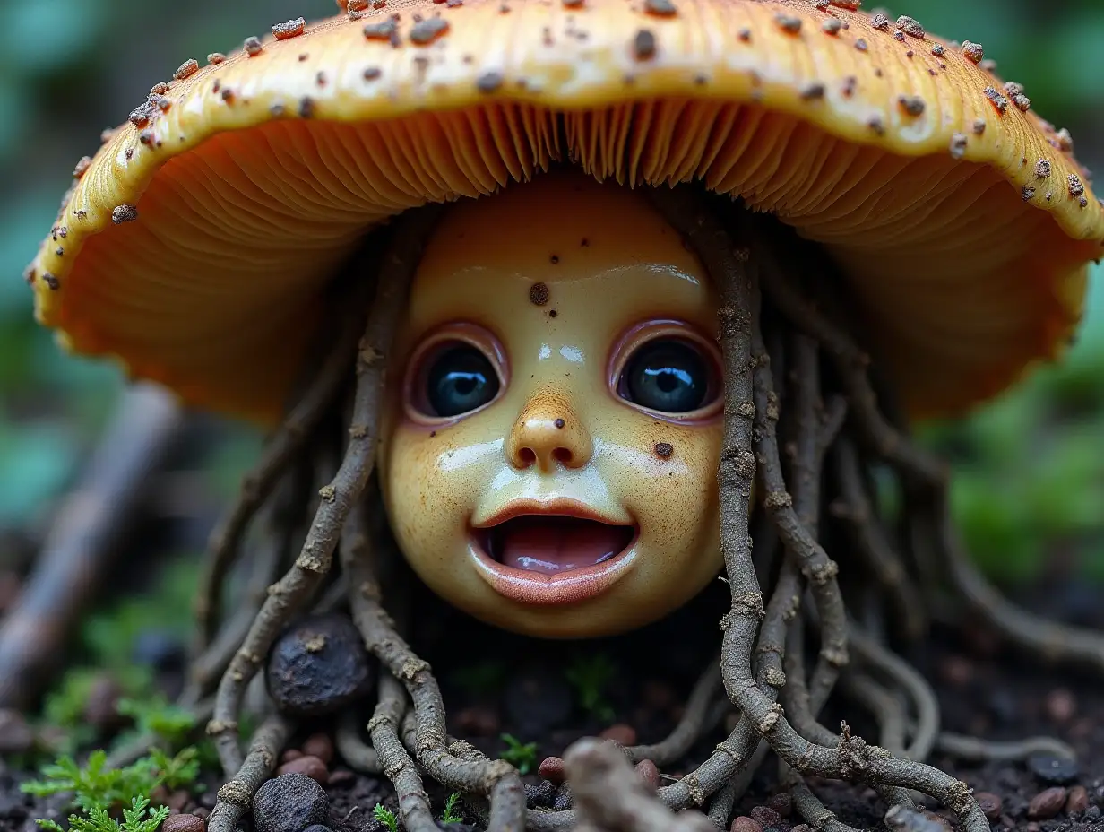 Face m mushroom in mouth roots in building