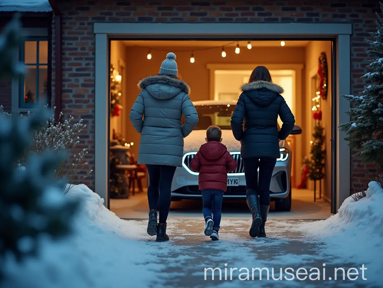 Two mothers and a little boy run into their garage to their BMW E-car parked inside, it is winter, there is snow and everything is decorated for Christmas, BMW's E-car