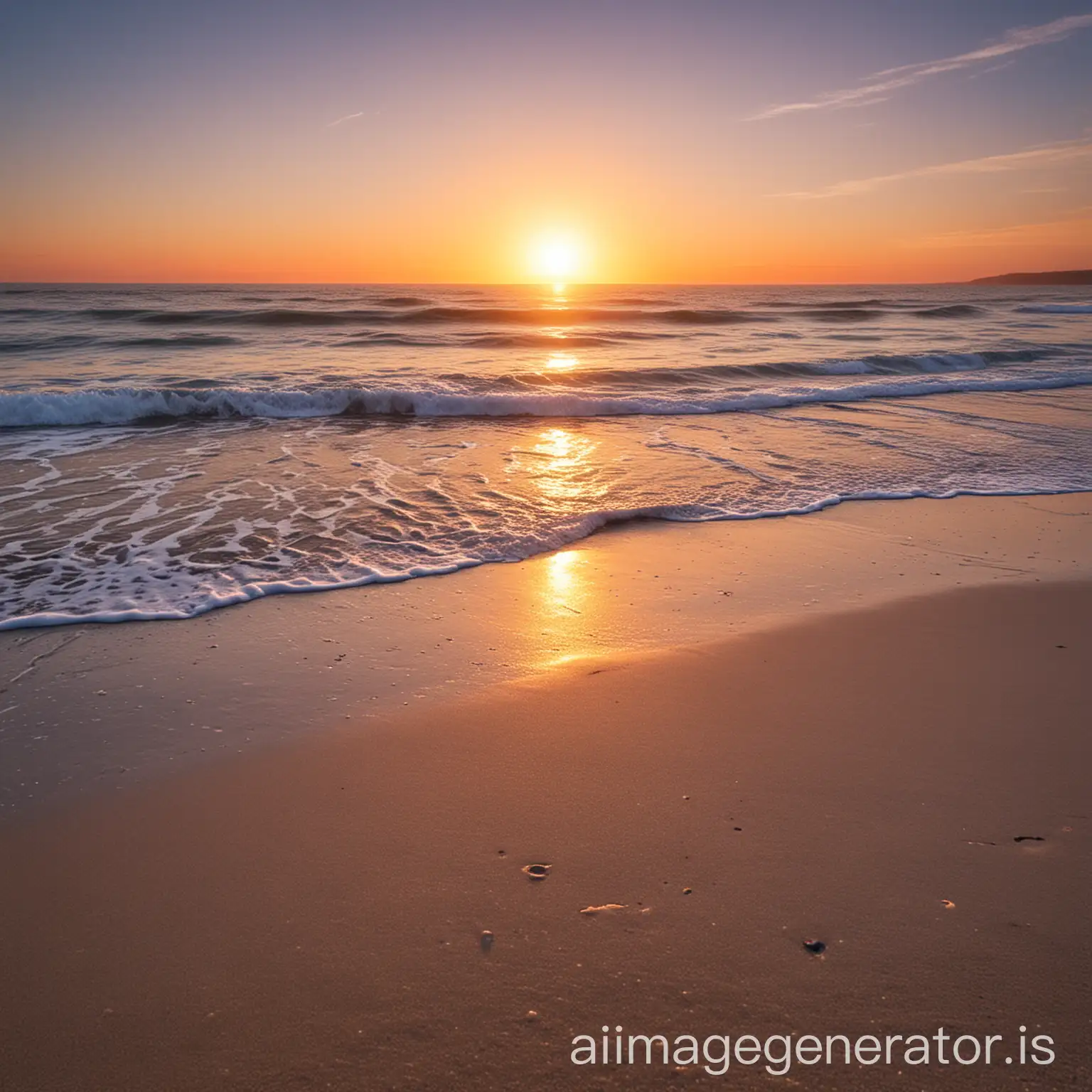 Vibrant-Sunset-on-a-Serene-Beach-with-Clear-Blue-Skies