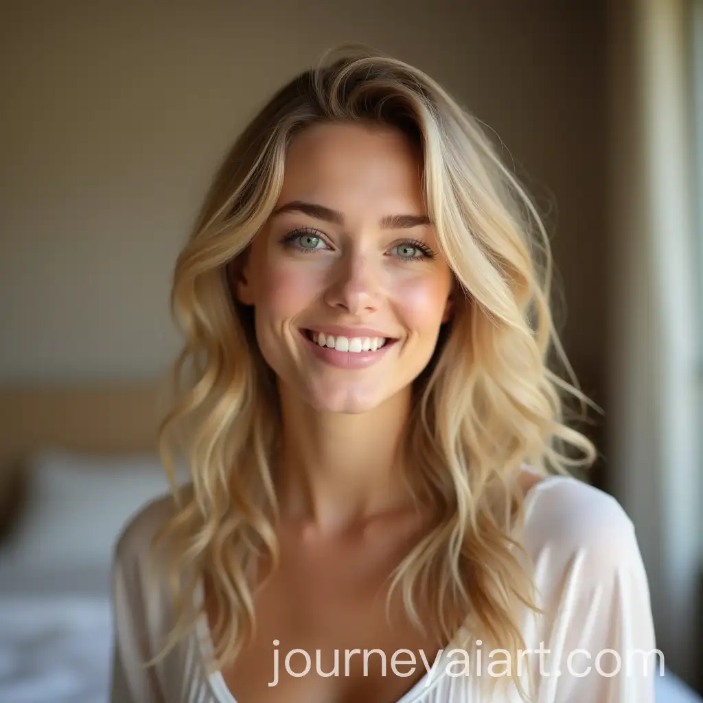 Blonde-Woman-Doing-Hair-Care-Before-Bedtime-in-Illuminated-Bedroom