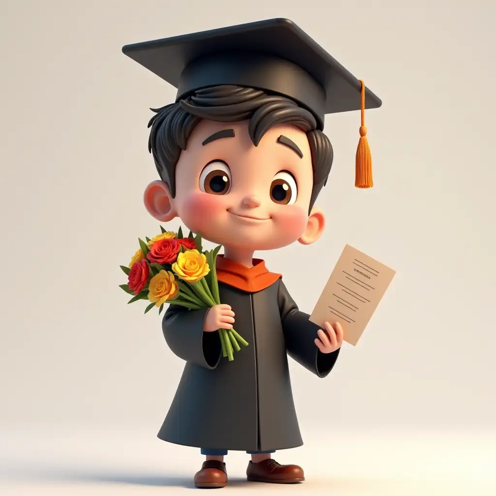 Boy-in-Graduation-Gown-Holding-Certificate-and-Bouquet-in-Disney-Style-3D-Rendering