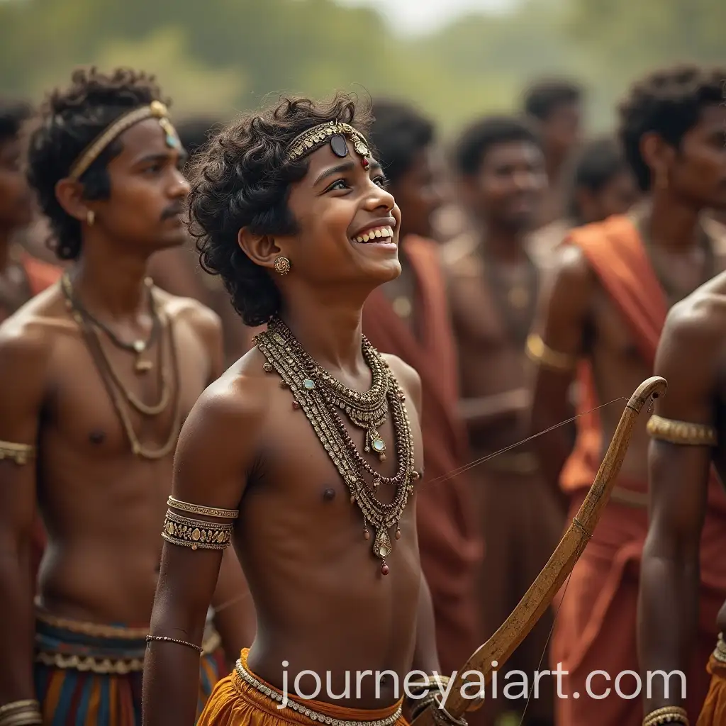 Group-of-People-Laughing-at-Sad-Boy-with-Jewelry-and-Bow-in-Ancient-Indian-Mythology