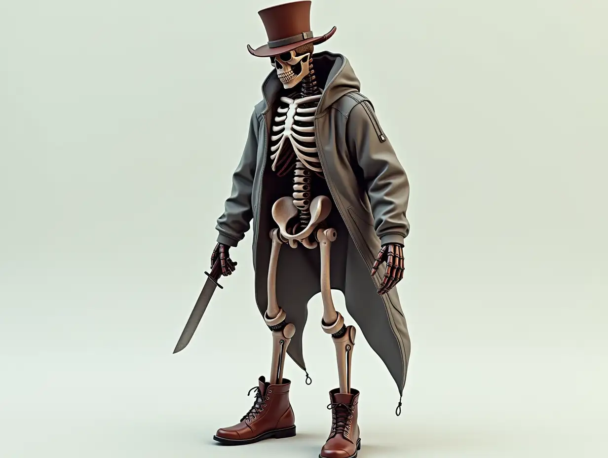 Create a high-resolution, realistic image of a robot with a skeleton body, brown leather boots, head wearing a fashionable tracksuit and holding a knife in one hand and a top hat and a horn in 4K resolution