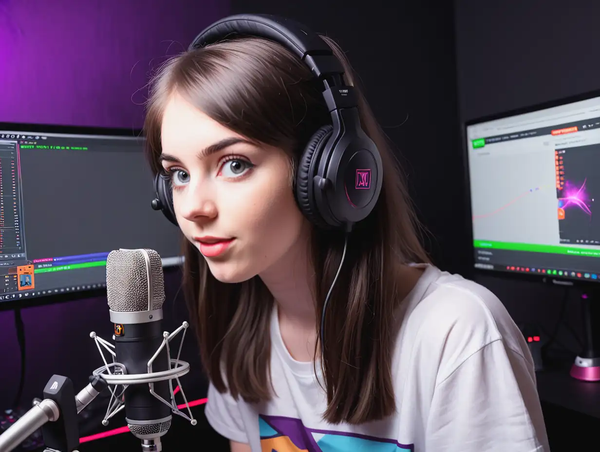 Young Female Streamer with Microphone in Studio Setup