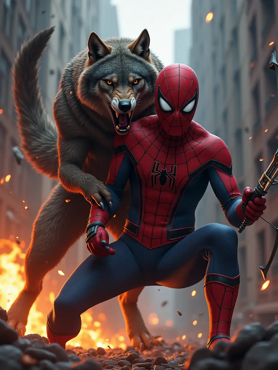 Spider man with arrow vs gaint wolf angry in destroy city