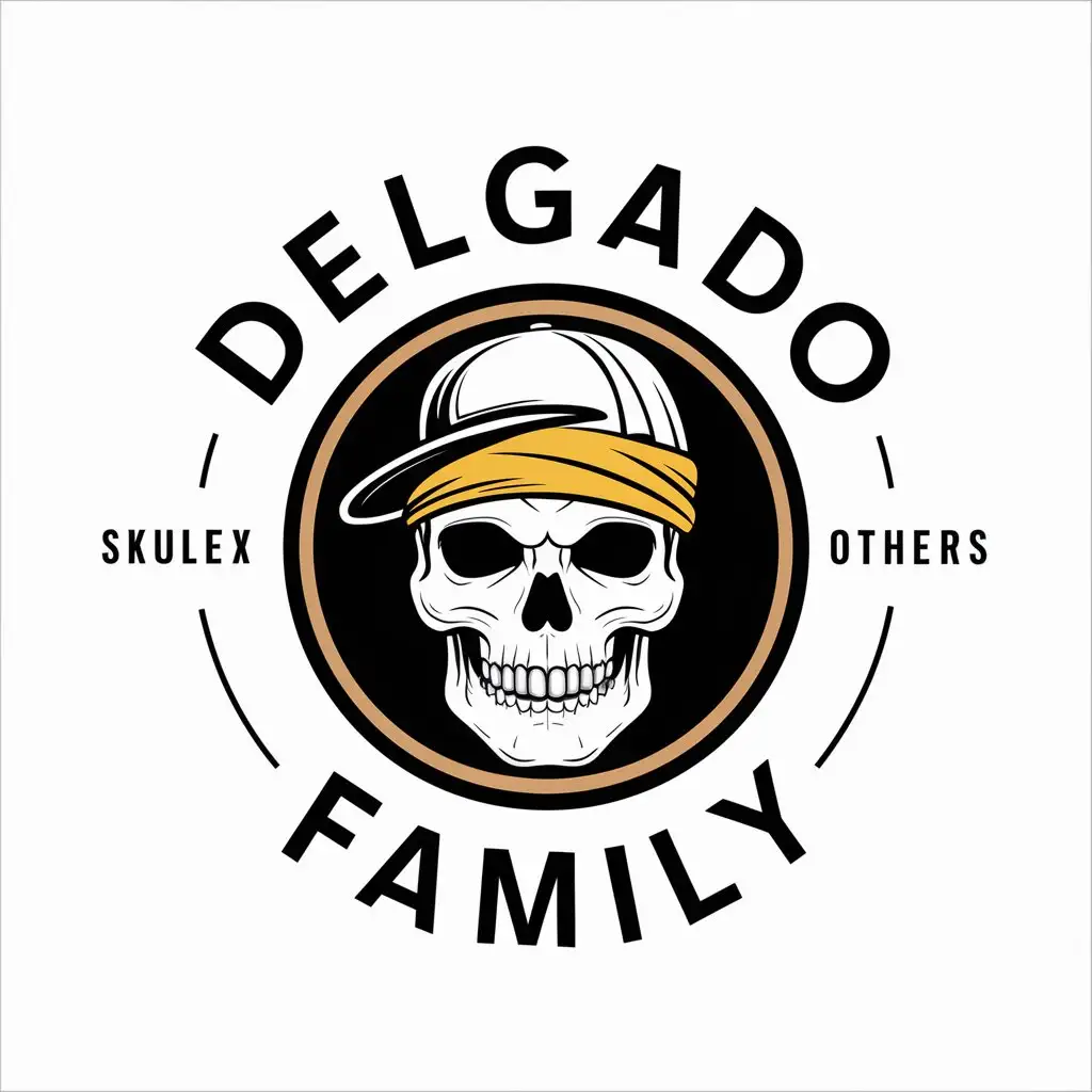 a vector logo design,with the text "Delgado Family", main symbol:Skull in a circle, a cap and a yellow bandana are worn on the face, around the circle is the inscription Delgado Family,complex,be used in Others industry,clear background