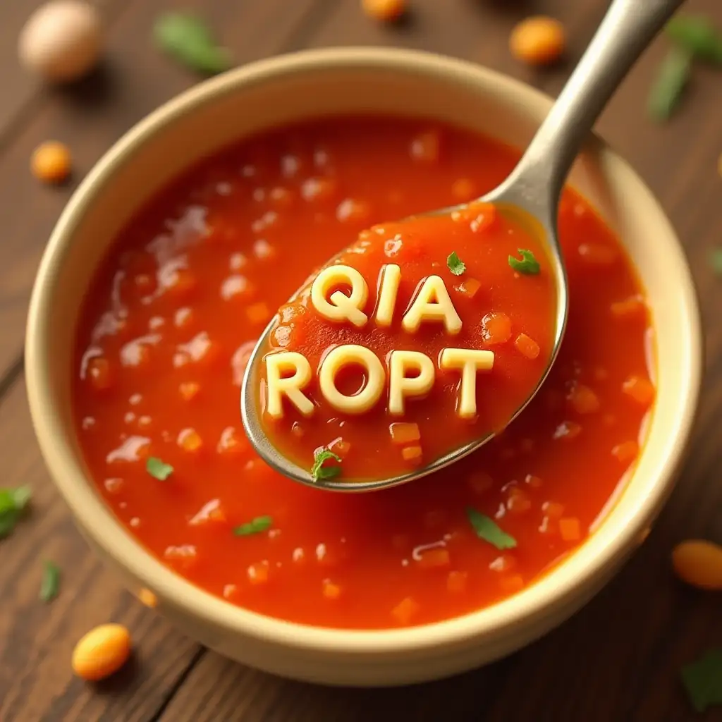 Imagine a whimsical scene where a spoon is dipped into a vibrant bowl of alphabet soup. As the soup's warm, rich tomato color glistens, playful letters float amid the broth. Centered in the spoon is a surprising formation spelling 'QIA ROPT,' making you ponder the mysteries of food and words. Create a quirky narrative exploring the accidental humor of a simple meal revealing unexpected messages. legume, bean