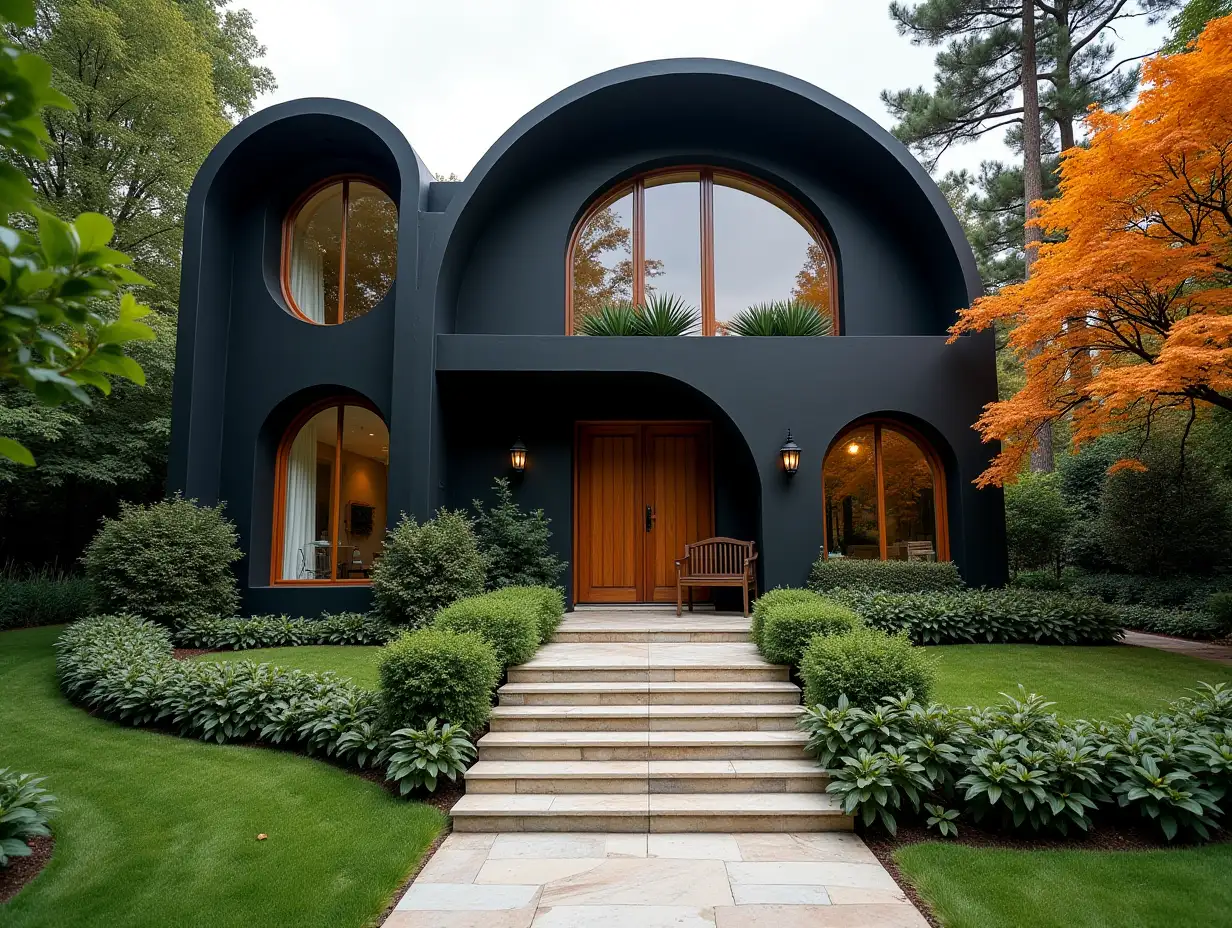 crooked house garden Planting-with black stucco, plant decorations, large windows with glass closed, curved, smooth window shapes, winding big entrance steps of marble Complex curved roof with dike, lanterns, bench orange tree 4K resolution Colorful superWide-angle shots