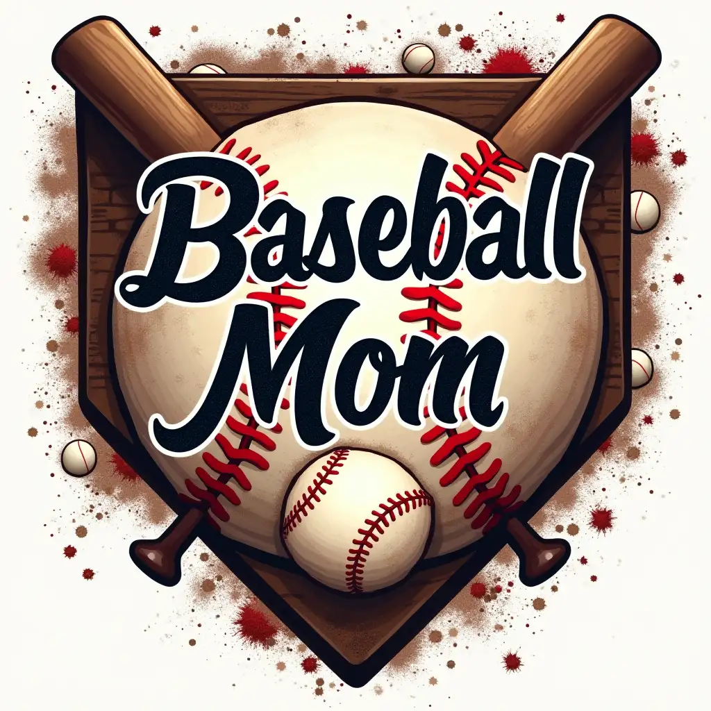 A bold 'Baseball Mom' design featuring a distressed home plate with red baseball stitching details. The words 'Baseball Mom' are in a mix of elegant script and bold block lettering, with a glitter effect. Two crossed wooden baseball bats frame the home plate, set against a textured, dirt-splattered background with scattered baseballs and red stitching elements. The design is seamless and energetic, capturing the spirit of baseball season.