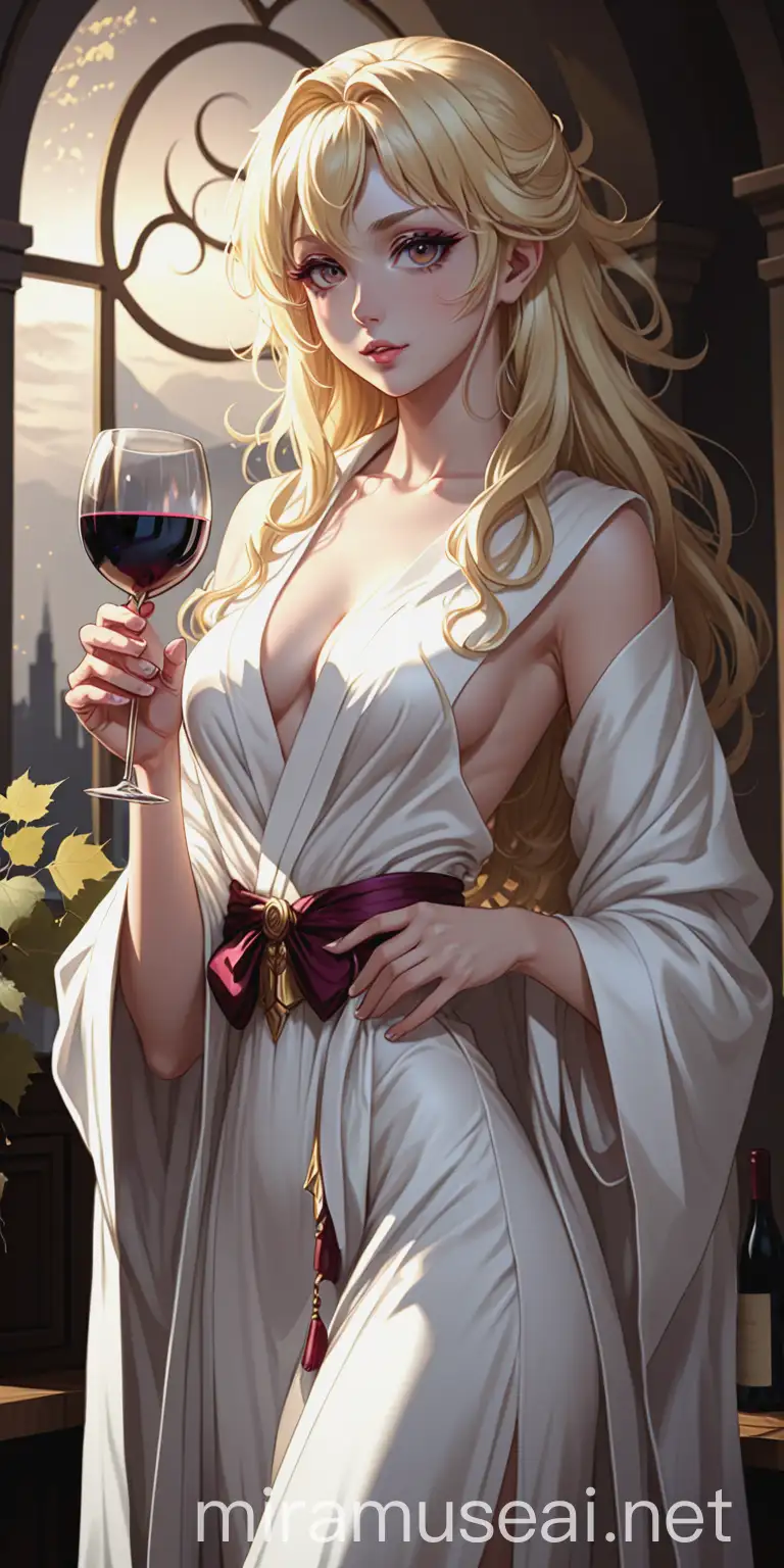 Goddess in Anime Style Holding a Wine Glass in White Robe