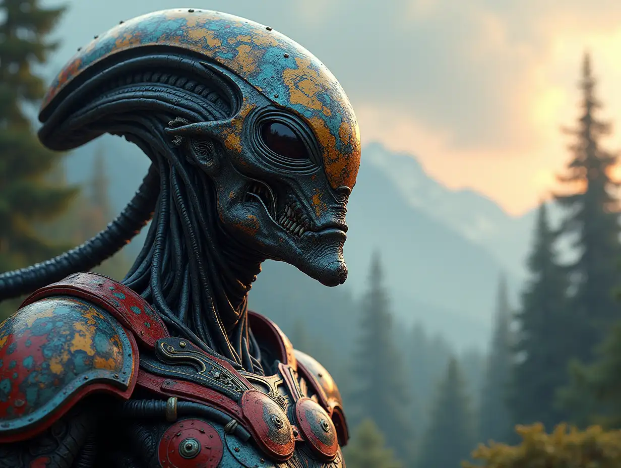 Hyperrealistic portrait of a gpanzerter metal alien king 10 meters tall with the intricately detailed, colorful forested planet background