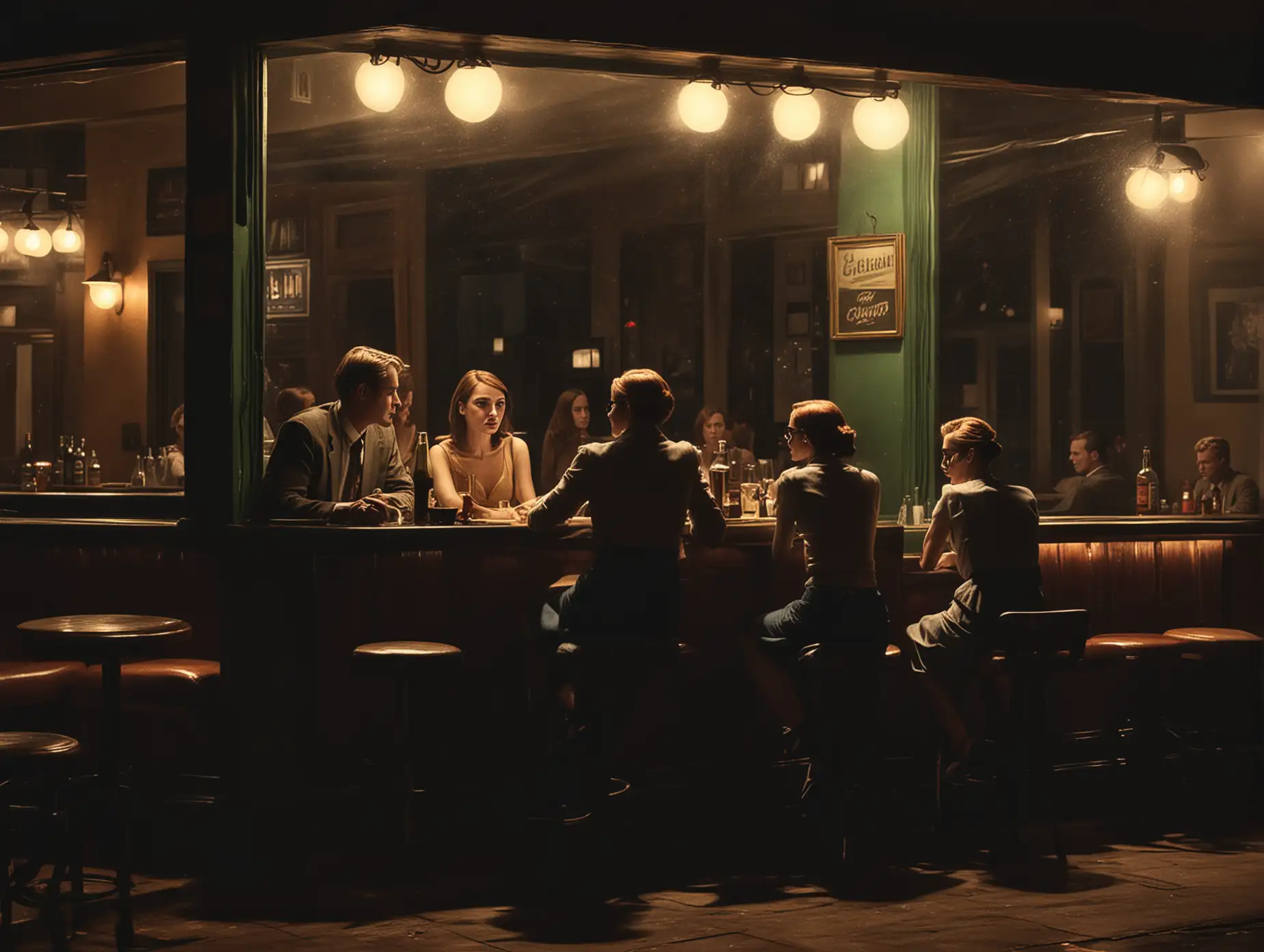 Four Friends Enjoying Drinks in a Dimly Lit Bar at Night