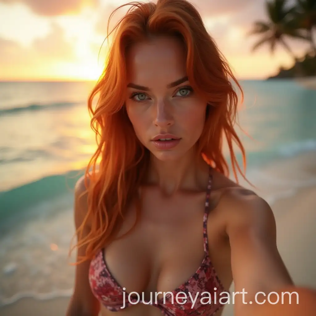 German-Model-with-Red-Copper-Hair-Taking-a-Confident-Selfie-on-Tropical-Beach-at-Sunset