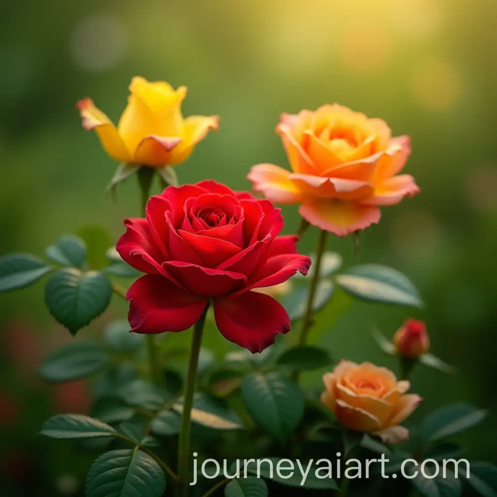 Trio-of-Vibrant-Roses-in-a-Serene-Garden-with-Sunlight-and-Lush-FoliageAI-Art-Prompt-Expansion