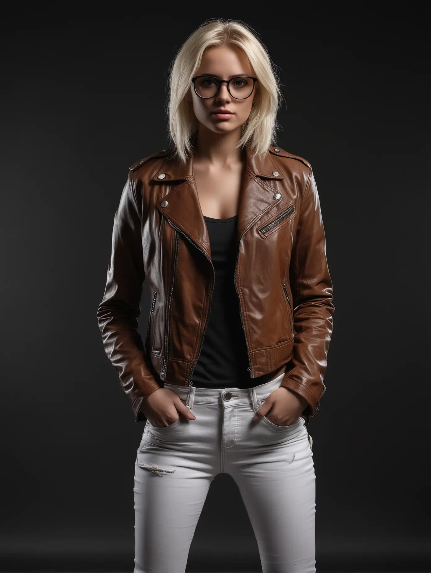 Serious-Blonde-Model-in-Brown-Leather-Jacket-and-White-Jeans-on-Black-Background