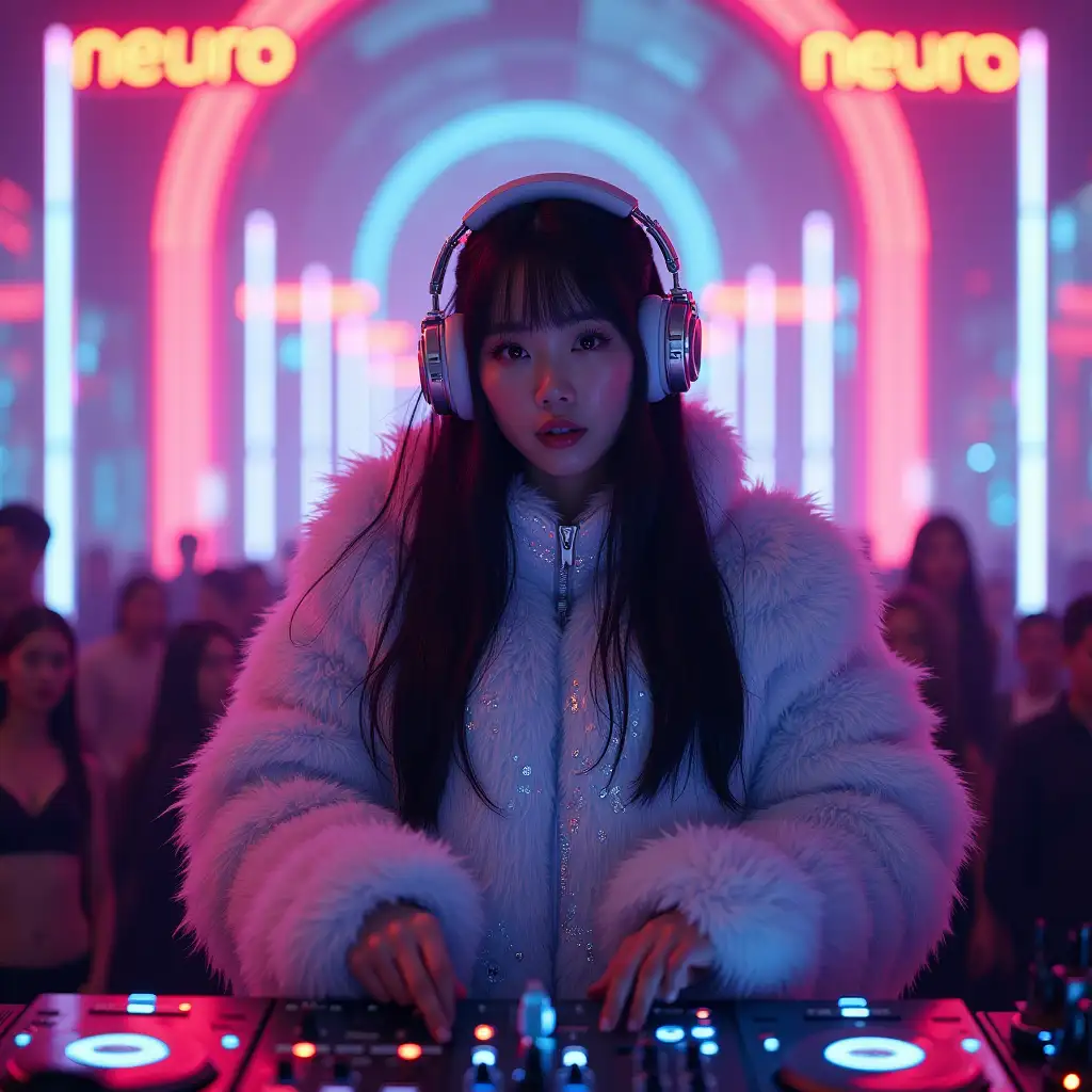 user_prompt: Cyber-Snegurochka, incredibly beautiful asian girl with fair skin and long black hair, in a futuristic holographic reflective fur costume in a huge beautiful room filled with Chandlers, at the DJ set with headphones, neon light from the disco ball, semi-darkness, neon sign 'neuro', 64 kb, cinematic visualization, depth of field, model of super high quality, masterpiece of art, golden ratio, trending in cgsociety, Fujicolor c200, epic