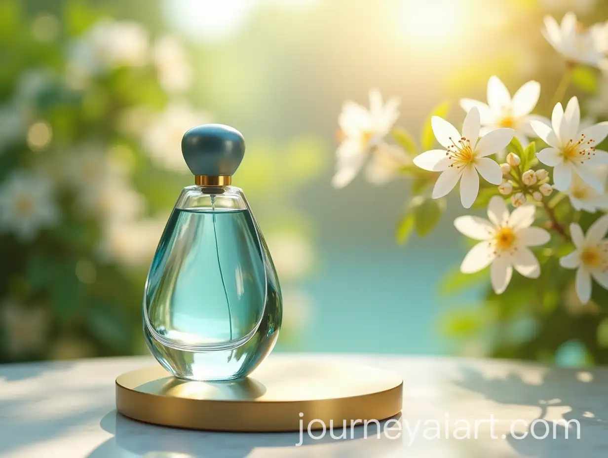 Elegant-Vertical-Perfume-Bottle-on-Golden-Podium-in-Summer-Jasmine-Garden