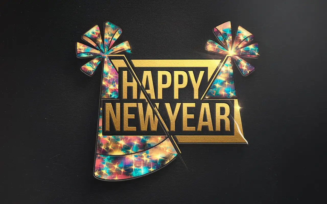 Design a premium logo featuring one vibrant party hat cut into two sections, framing the bold gold text HAPPY NEW YEAR in the middle. Ensure the split is precise and the design is flawless, professional, and displayed on a sleek black background.