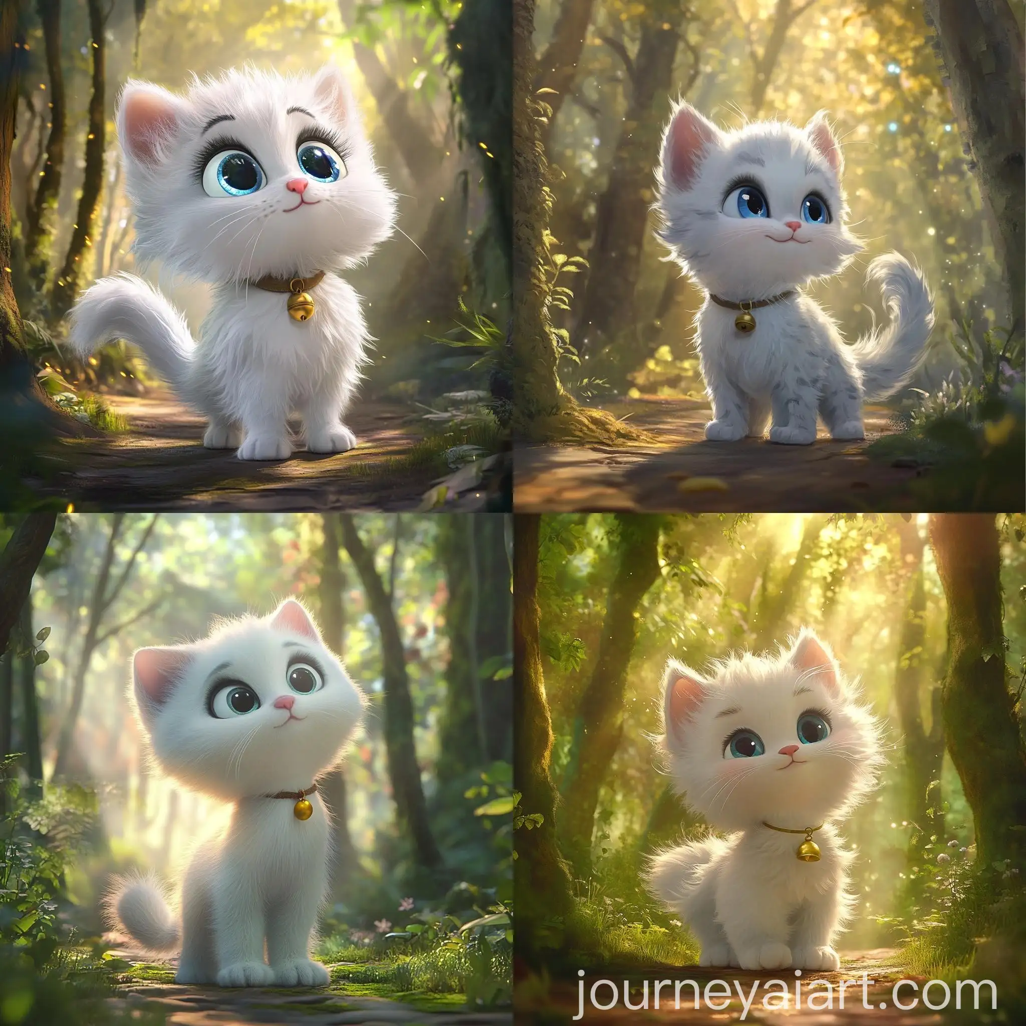 Playful-Fluffy-White-Kitten-with-Majestic-Glowing-Trees