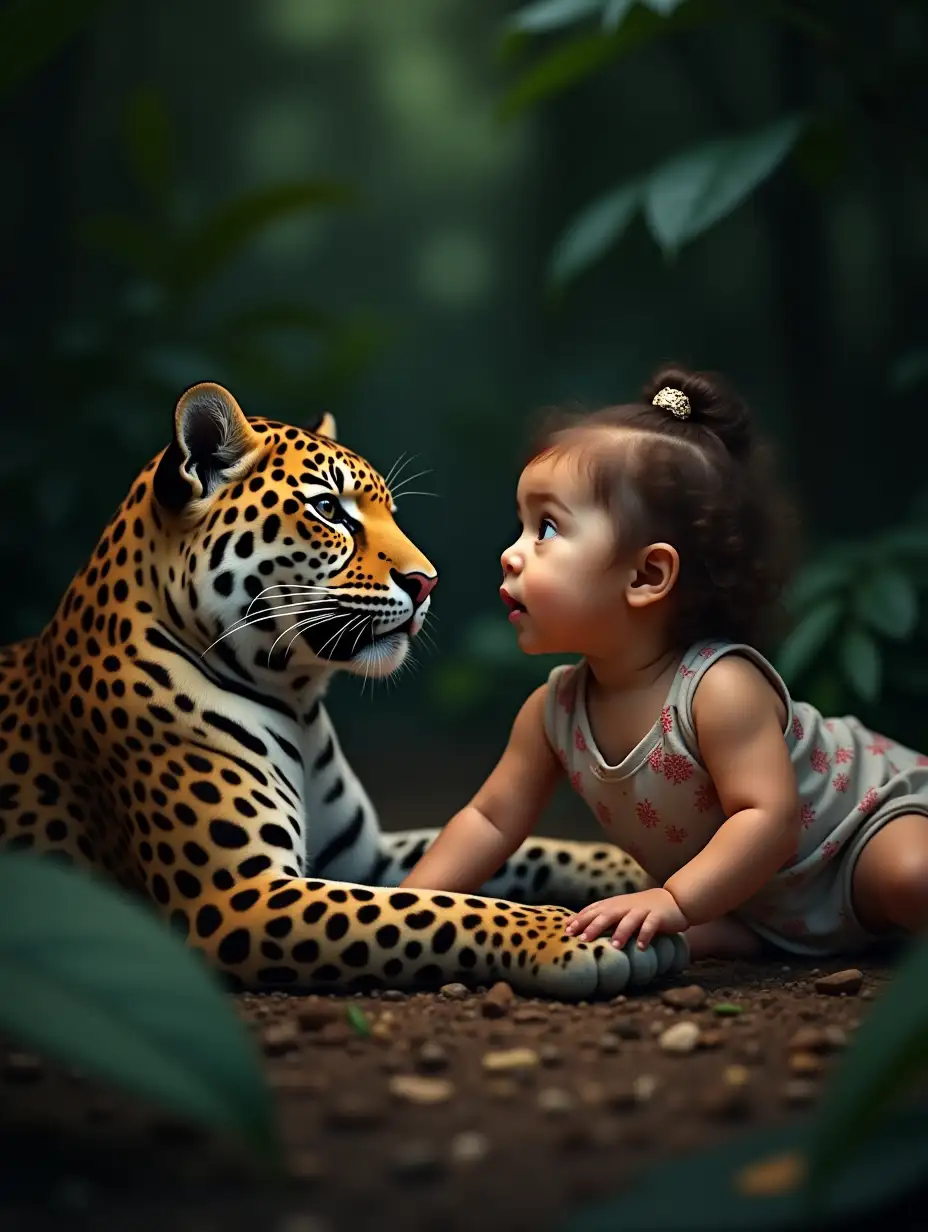 A jaguar is lying next to an 18-month-old baby girl, both looking at each other with kind eyes, in a dimly lit tropical forest.