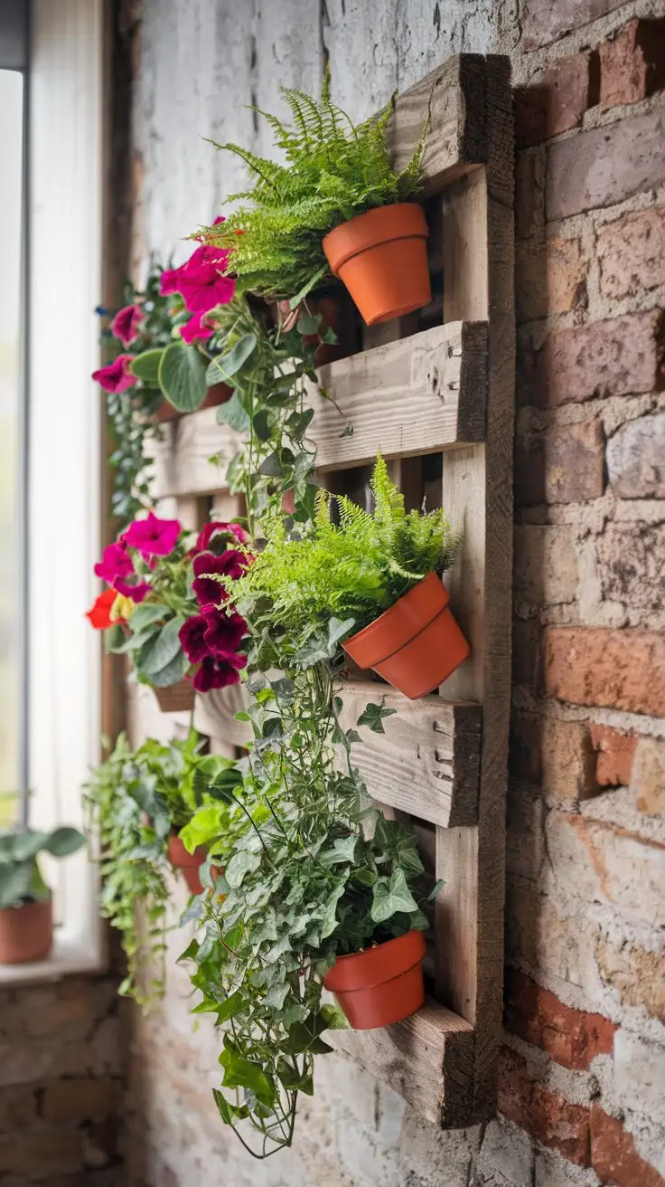 Wide-angle, eye-level shot of a rustic wooden pallet transformed into a vibrant hanging plant wall. The pallet is mounted on a weathered brick wall, bathed in soft, natural light from a nearby window.  Various terracotta pots of different sizes are securely attached to the pallet, overflowing with lush green ferns, trailing ivy, and pops of colorful petunias. The wood of the pallet is aged and textured, with visible grain and knots, adding to the rustic charm. Focus is sharp on the plants and pallet, with a slightly blurred background of the brick wall. Style: Natural, rustic, inviting, high-definition, photorealistic