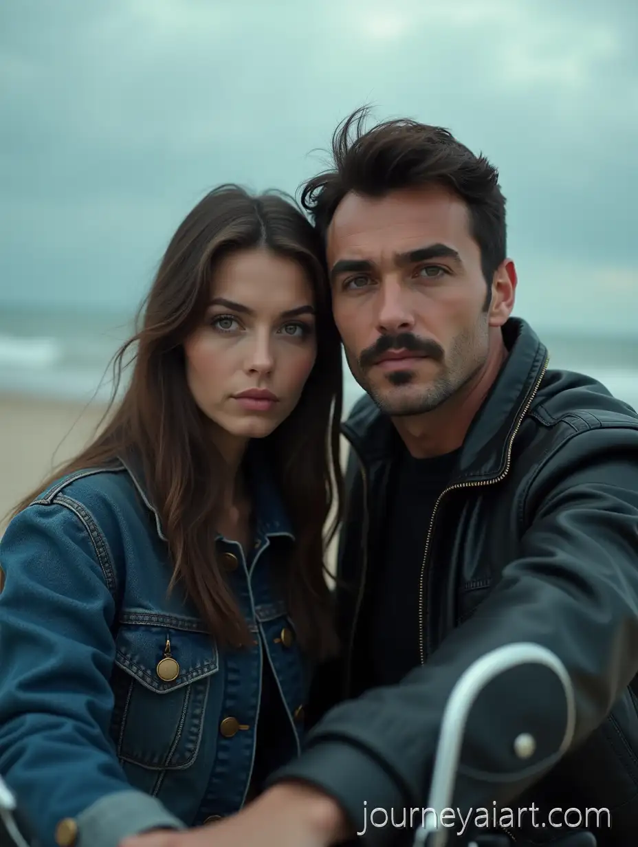 Couple-Riding-Motorcycle-on-aCouple-on-Motorcycle-Beach-Beach-with-Dramatic-Lighting