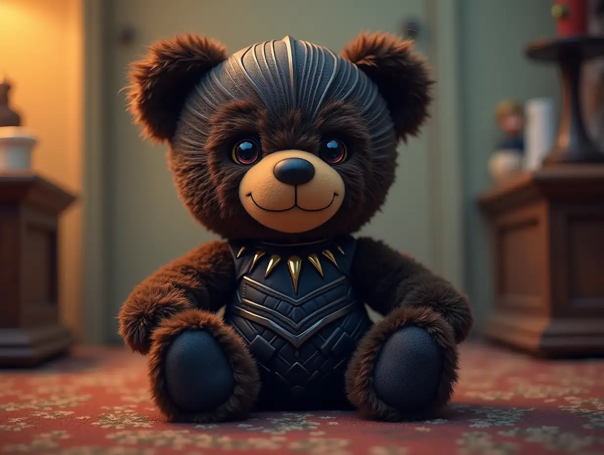 Create a digital photo of a teddy bear with Black Panther (Shuri) costume