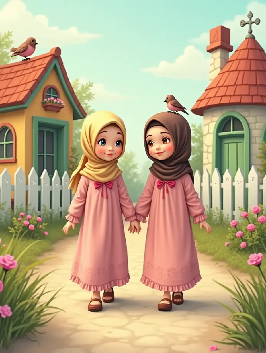 Two Muslim girls, one blonde and the other brunette, with big and expressive eyes, dressed in long light pink dresses with ribbon details. They walk separately, each on one side of the path. The path is surrounded by a flower garden and lined with small, warm-looking houses with glass windows. The environment has a soft and nostalgic tone, with pastel colors like in old children's book illustrations. The small houses have charming elements: windows with flowers, green doors, and small decorative details. The white fence and flowering plants contribute to a warm and peaceful atmosphere. Birds are perched on the rooftops, adding a magical touch and liveliness to the scene.