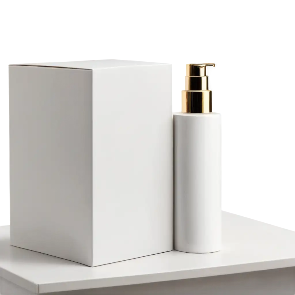 Cosmetic-Bottle-with-Blank-White-Box-on-Stage-PNG-for-HighQuality-Branding-and-Product-Display