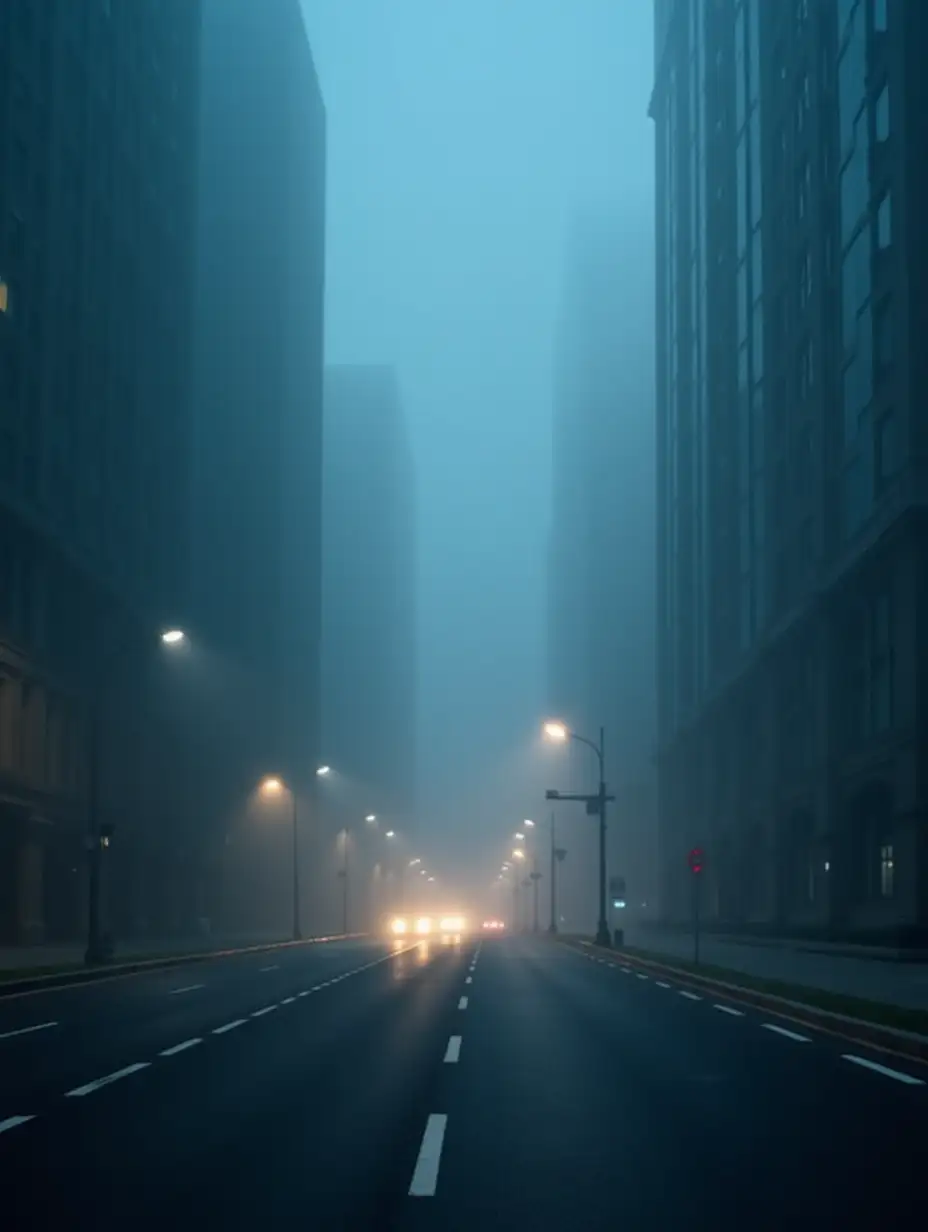 A road shrouded in thick fog, can't see ahead, only able to see the lights on the tall buildings on both sides