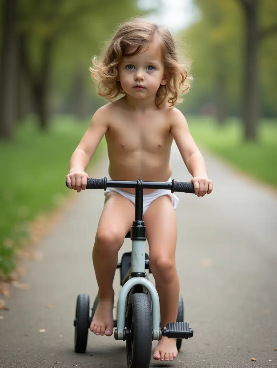 Slender little girl. Wavy hair, blue eyes, pale shiny skin. Tiny pointed breasts, narrow hips, long skinny legs, bare feet. Riding on a tricycle along a path in the park. Skinny legs visible.