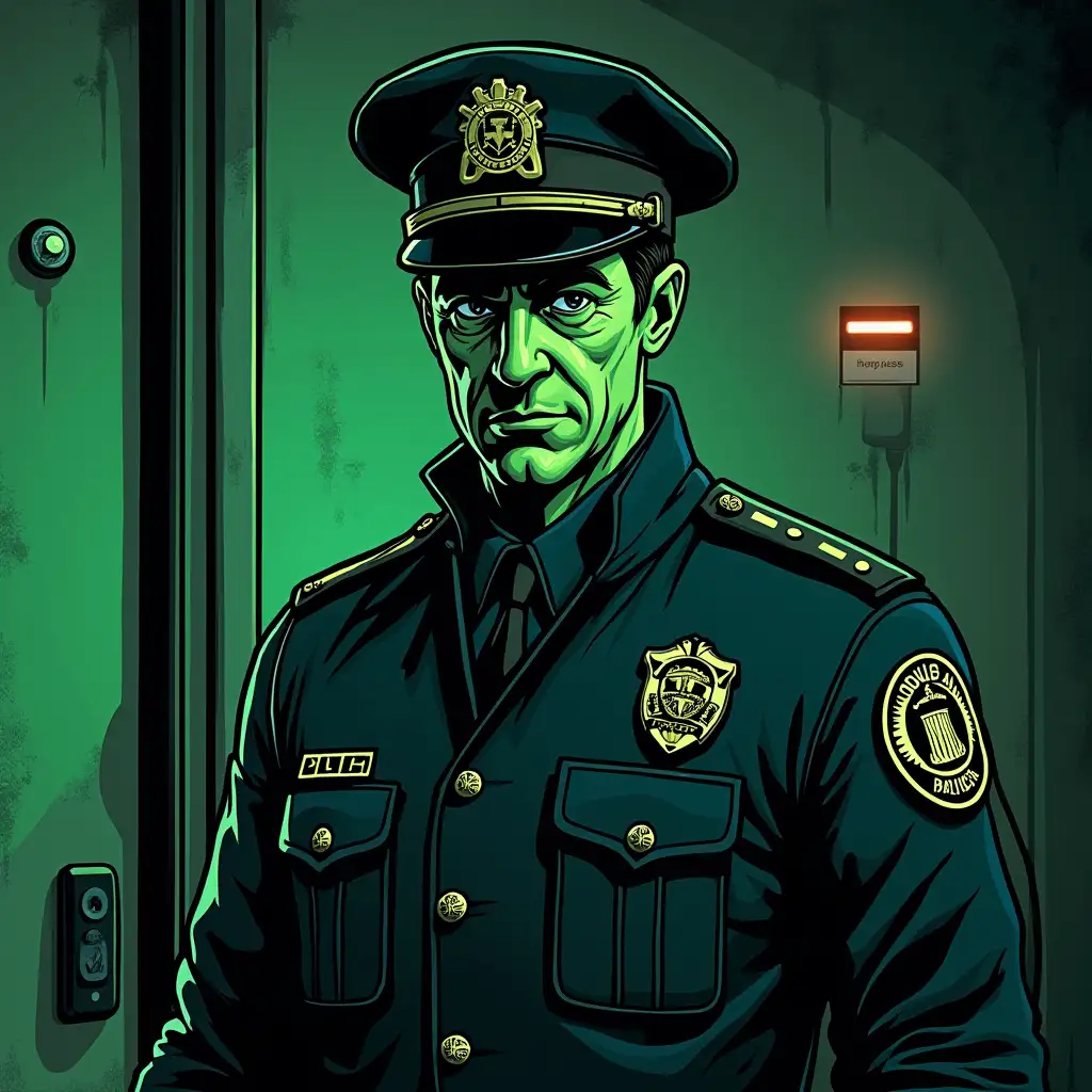 Comic-Style-Vector-Illustration-of-a-Green-Man-in-a-Police-Suit