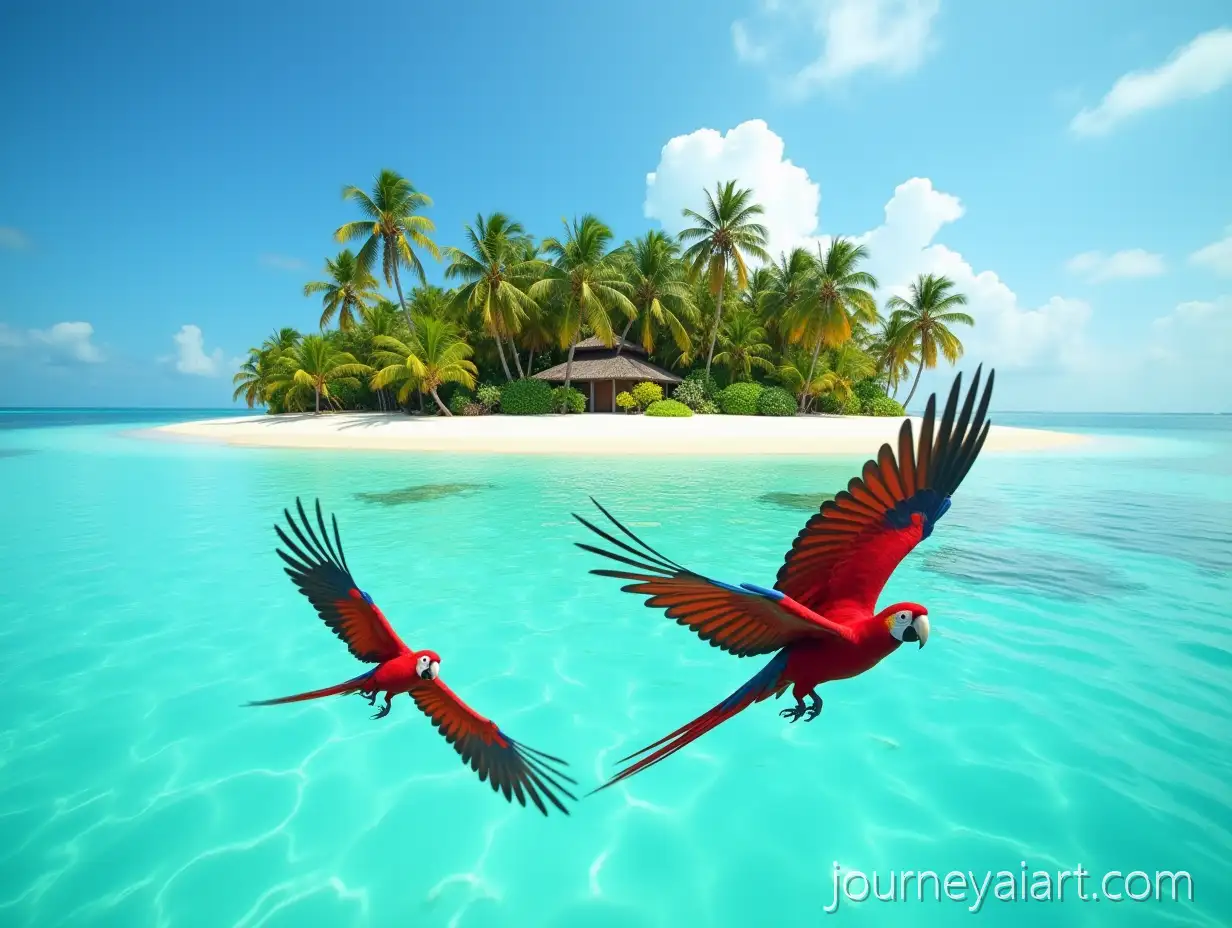 Tropical-Paradise-Island-in-MaldivesMaldives-tropical-paradise-island-with-Red-Parrots-Flying-Over-Coral-Reef