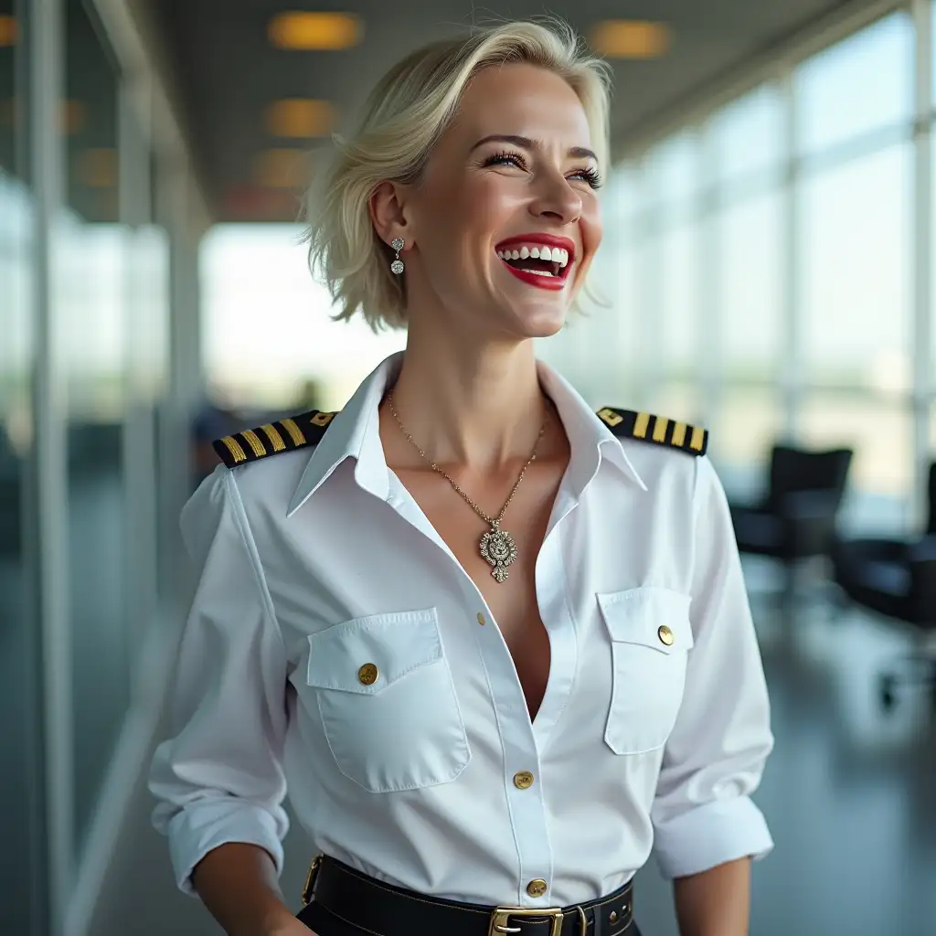 white norvegian pilot lady, in white deep-necked pilot shirt, laughing with her mouth open, red lipstick accentuating her smile,belt on waist, big wide hips, chest are fully grown, jewerly, short hair, HD, enjoying at airport , photo-realism