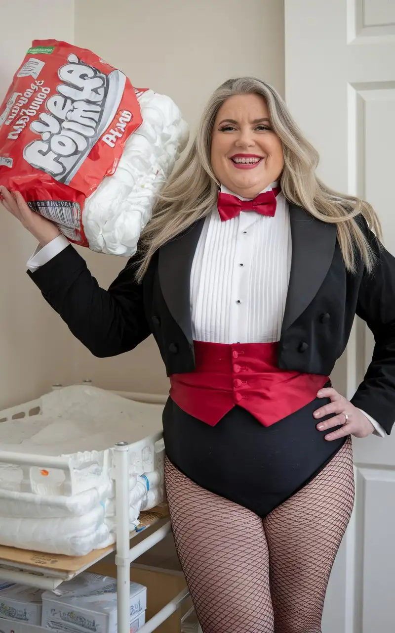 MiddleAged-Caucasian-Woman-in-Formal-Tuxedo-Holding-Adult-Diapers-in-Nursery