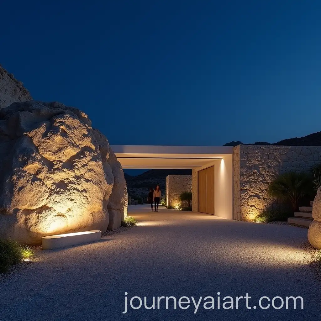 Nighttime-Entrance-to-White-Stone-Mykonos-Hotel-with-Sculpture-Installation