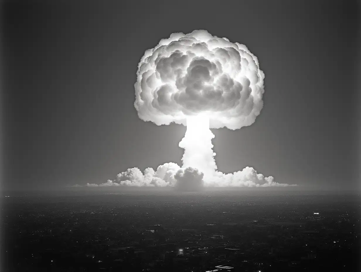 A dramatic and somber image of the U.S. dropping atomic bombs on Japan in 1945. The mushroom cloud rises over Hiroshima or Nagasaki, with the city below in ruins. The image reflects the devastation caused by the bombs, symbolizing the end of World War II and the immense power of nuclear warfare.