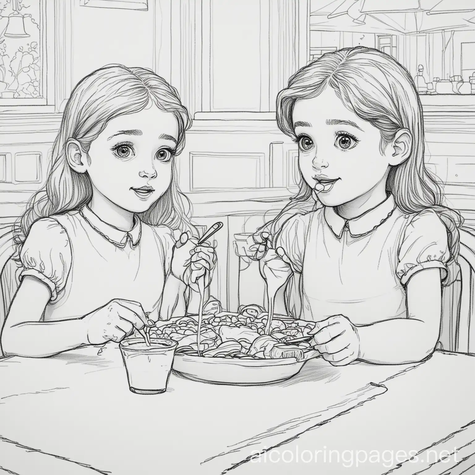 Two-Girls-Enjoying-a-Meal-at-a-Restaurant-Coloring-Page-for-Kids