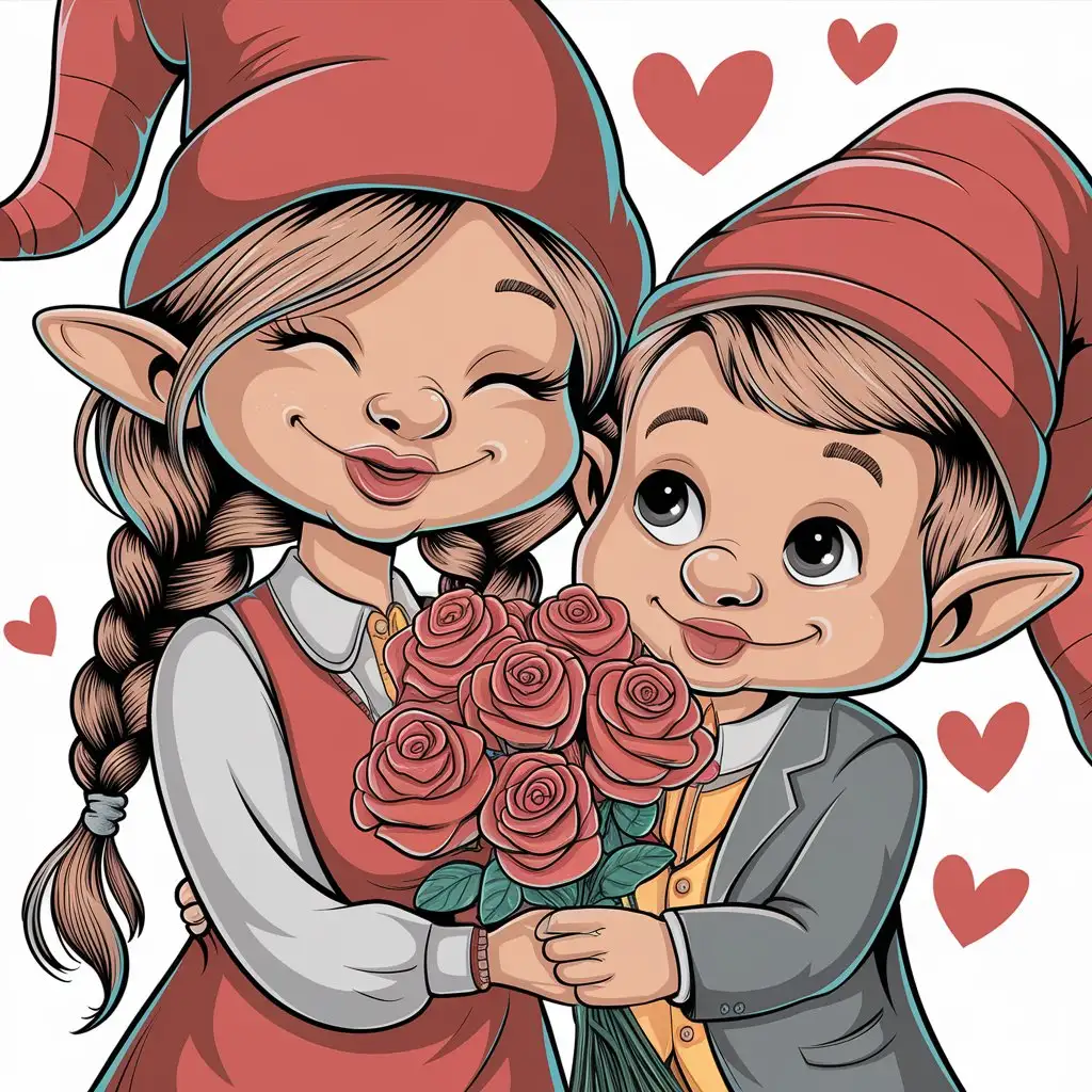 Gnome Couple Sharing a Romantic Moment with Roses